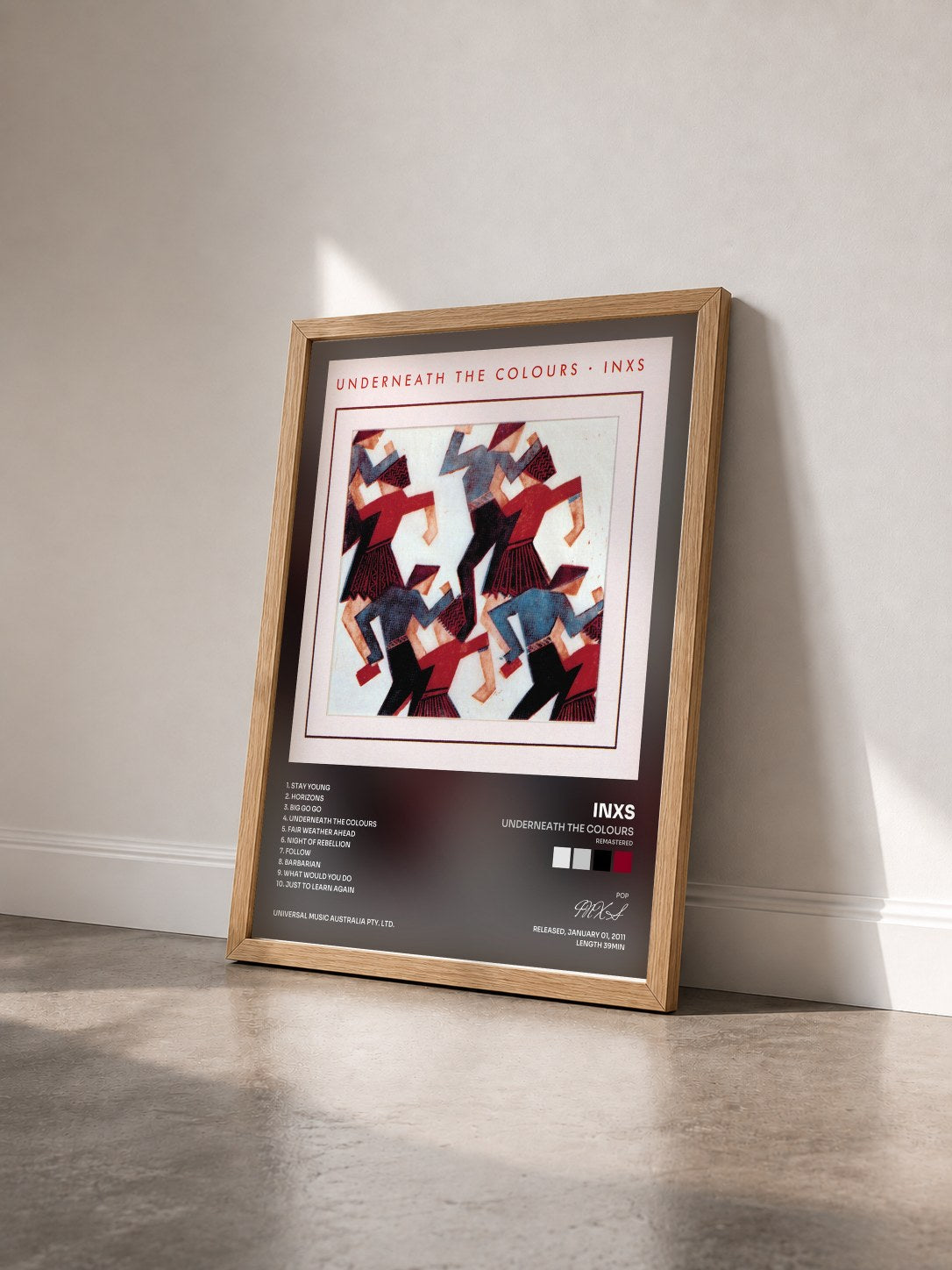#bois Tableau de l'album Underneath The Colours (Remastered) de INXS vu de trois quarts, cadre en bois brut