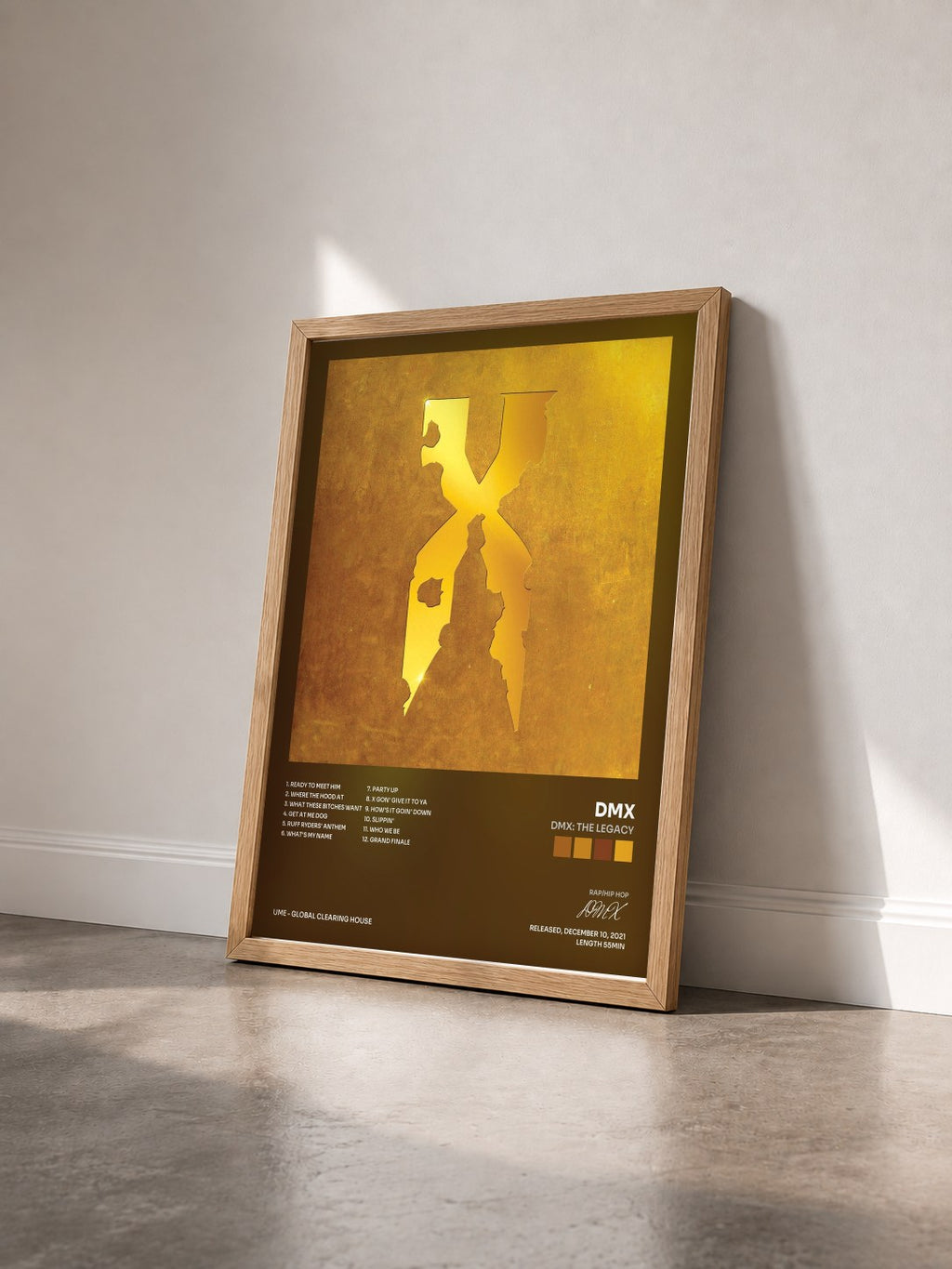 #bois Tableau de l'album DMX: The Legacy de DMX vu de trois quarts, cadre en bois brut
