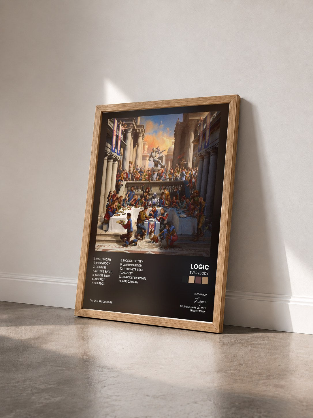 #bois Tableau de l'album Everybody de Logic vu de trois quarts, cadre en bois brut