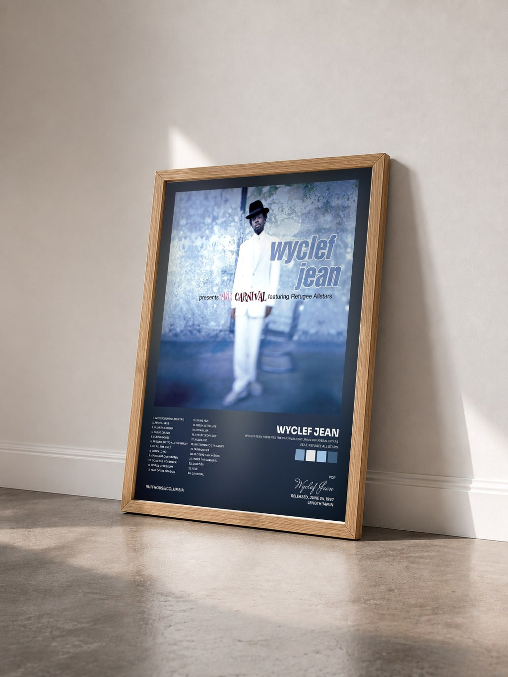 #bois Tableau de l'album Wyclef Jean presents The Carnival featuring Refugee Allstars (feat. Refugee All Stars) de Wyclef Jean vu de trois quarts, cadre en bois brut