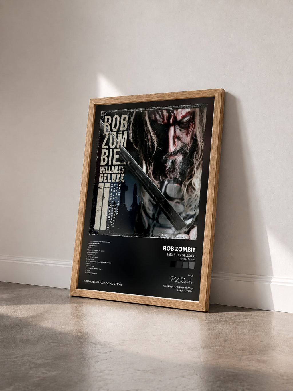 #bois Tableau de l'album Hellbilly Deluxe 2 (Special Edition) de Rob Zombie vu de trois quarts, cadre en bois brut