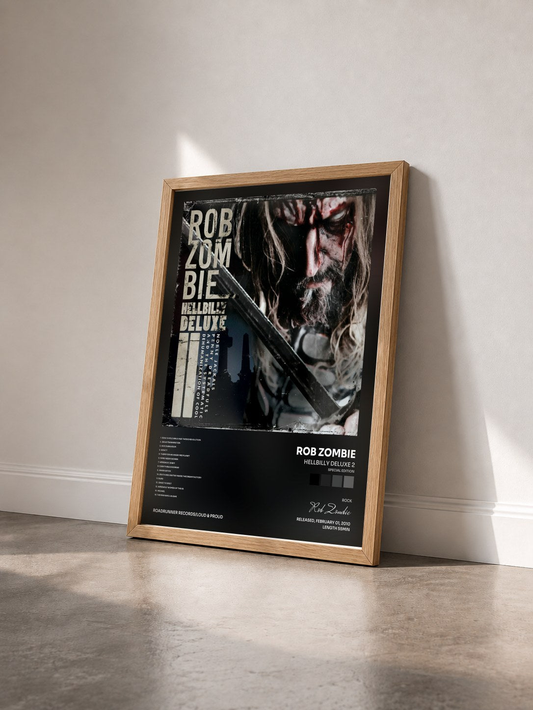 #bois Tableau de l'album Hellbilly Deluxe 2 (Special Edition) de Rob Zombie vu de trois quarts, cadre en bois brut