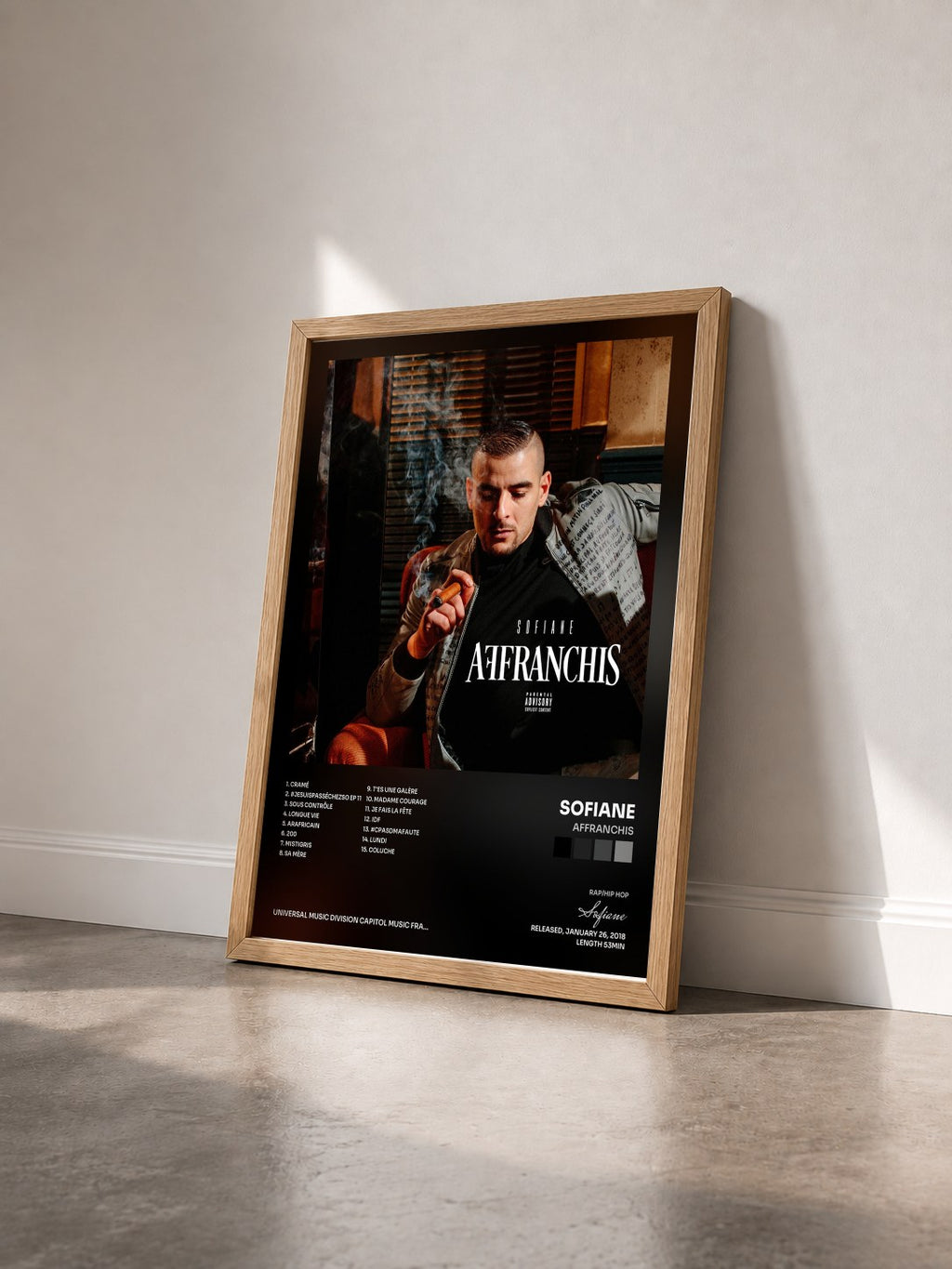 #bois Tableau de l'album Affranchis de Sofiane vu de trois quarts, cadre en bois brut