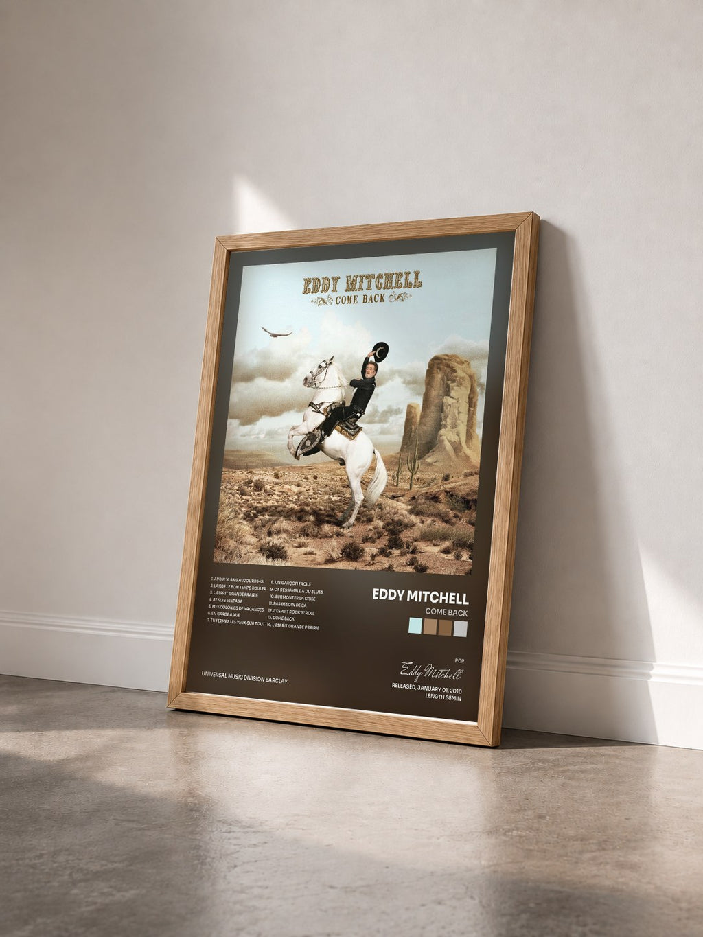 #bois Tableau de l'album Come Back de Eddy Mitchell vu de trois quarts, cadre en bois brut