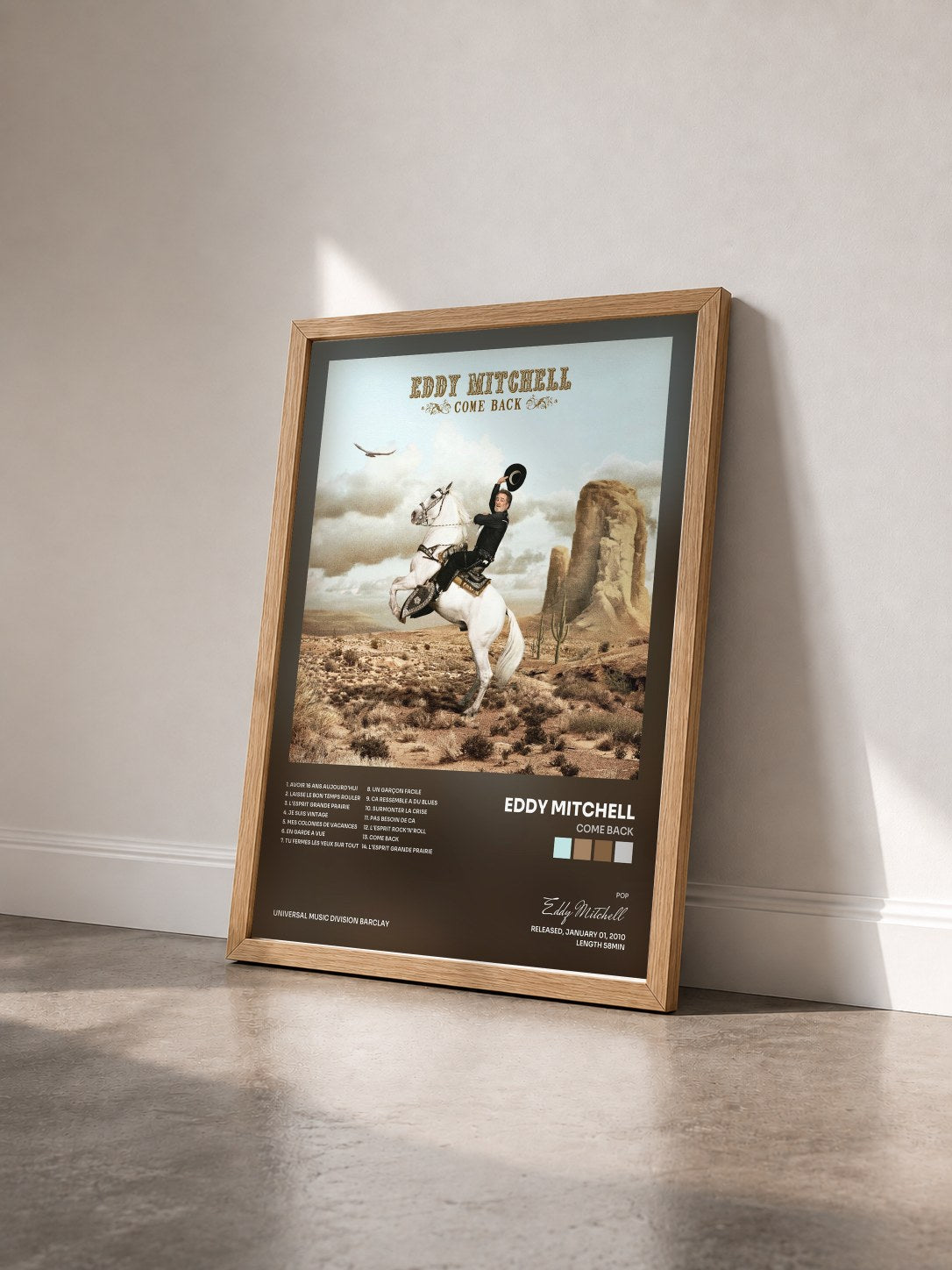 #bois Tableau de l'album Come Back de Eddy Mitchell vu de trois quarts, cadre en bois brut