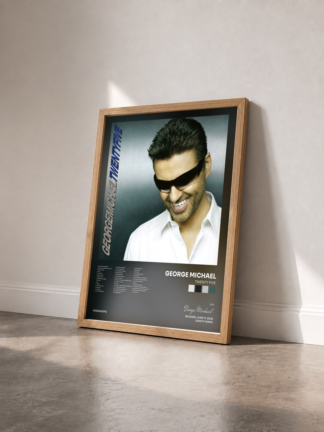 #bois Tableau de l'album Twenty Five de George Michael vu de trois quarts, cadre en bois brut