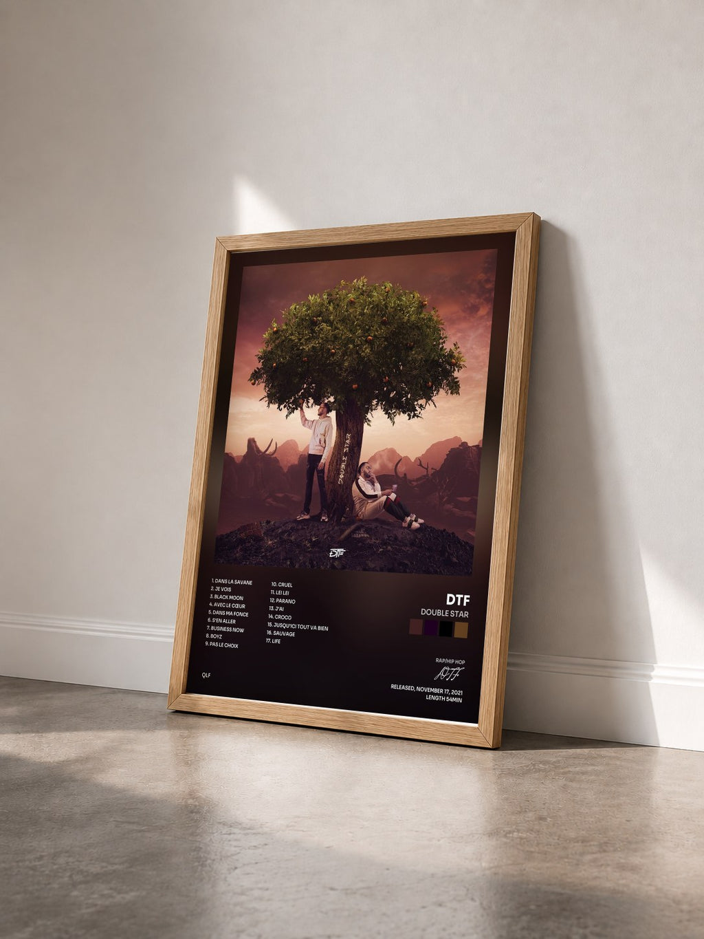 #bois Tableau de l'album Double Star de DTF vu de trois quarts, cadre en bois brut