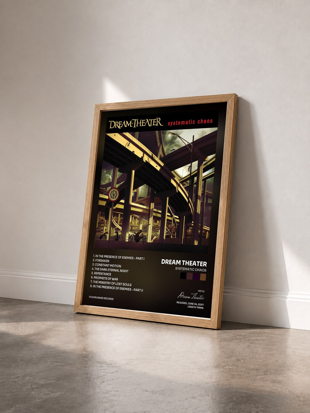 #bois Tableau de l'album Systematic Chaos de Dream Theater vu de trois quarts, cadre en bois brut