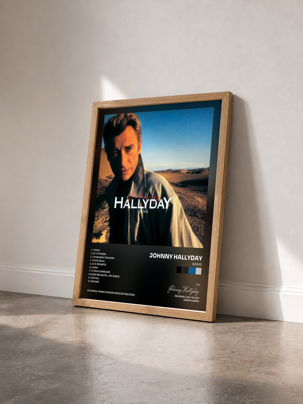 #bois Tableau de l'album Gang de Johnny Hallyday vu de trois quarts, cadre en bois brut