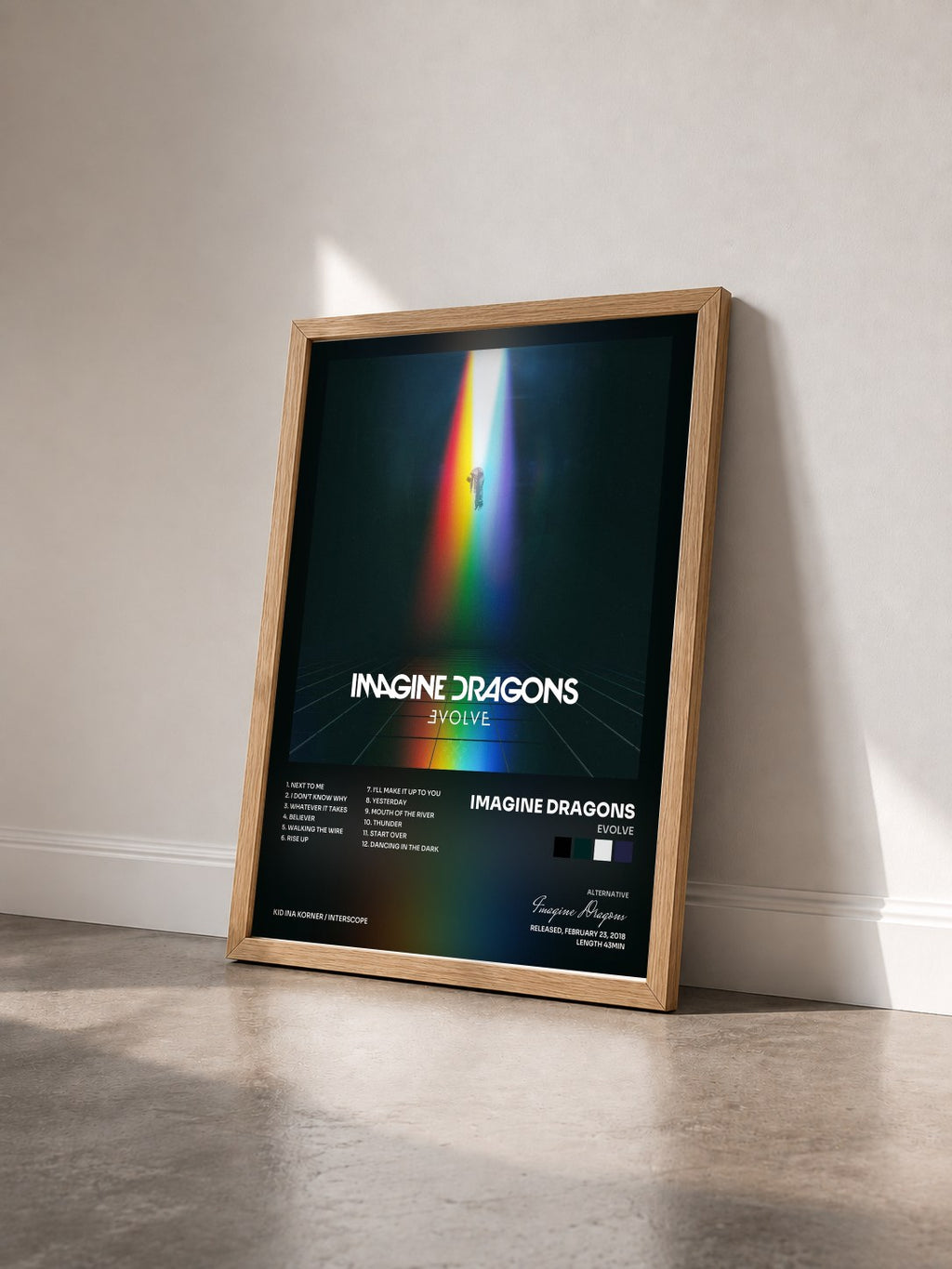 #bois Tableau de l'album Evolve de Imagine Dragons vu de trois quarts, cadre en bois brut
