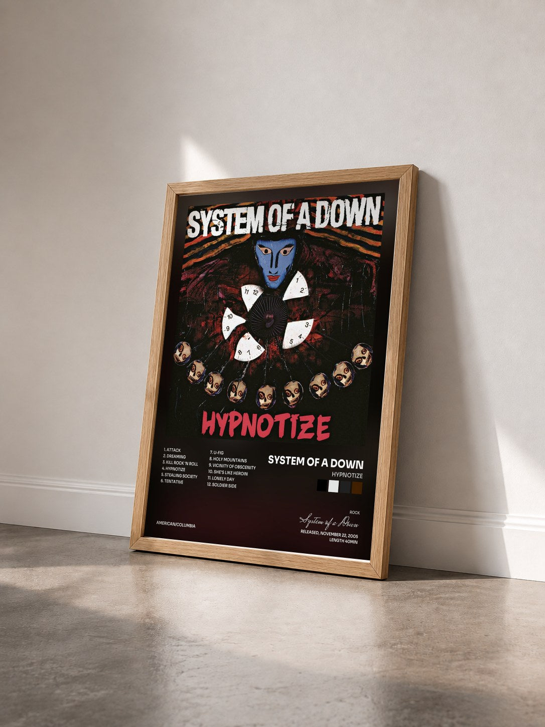 #bois Tableau de l'album Hypnotize de System of a Down vu de trois quarts, cadre en bois brut