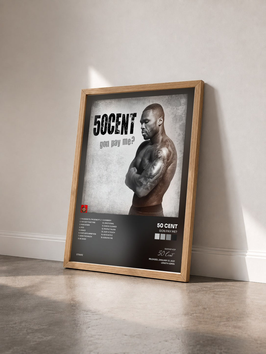 #bois Tableau de l'album Gon Pay Me? de 50 Cent vu de trois quarts, cadre en bois brut