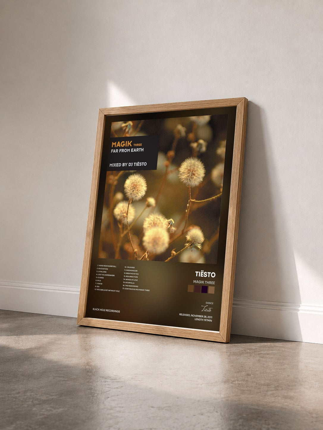 #bois Tableau de l'album Magik Three de Tiësto vu de trois quarts, cadre en bois brut