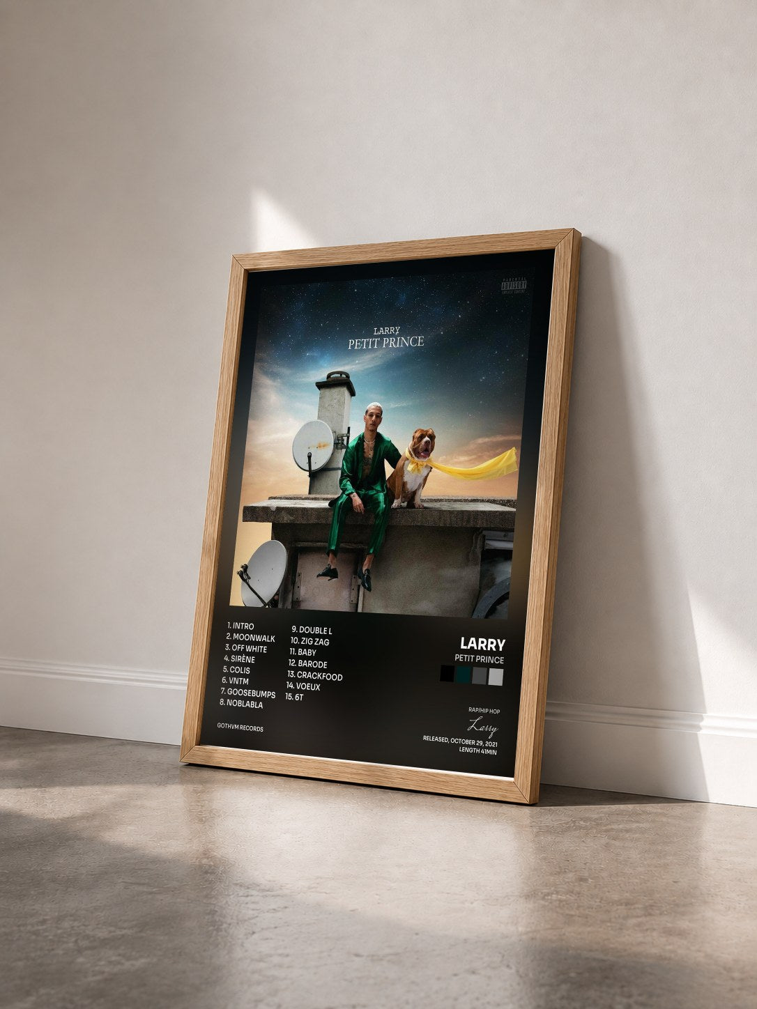 #bois Tableau de l'album Petit Prince de Larry vu de trois quarts, cadre en bois brut