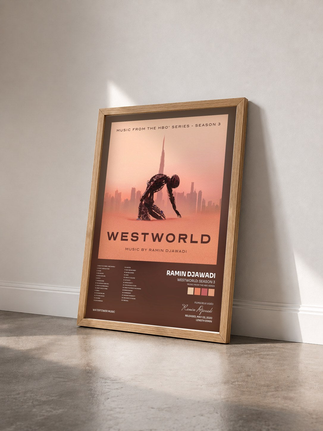 #bois Tableau de l'album Westworld: Season 3 (Music From The HBO Series) de Ramin Djawadi vu de trois quarts, cadre en bois brut