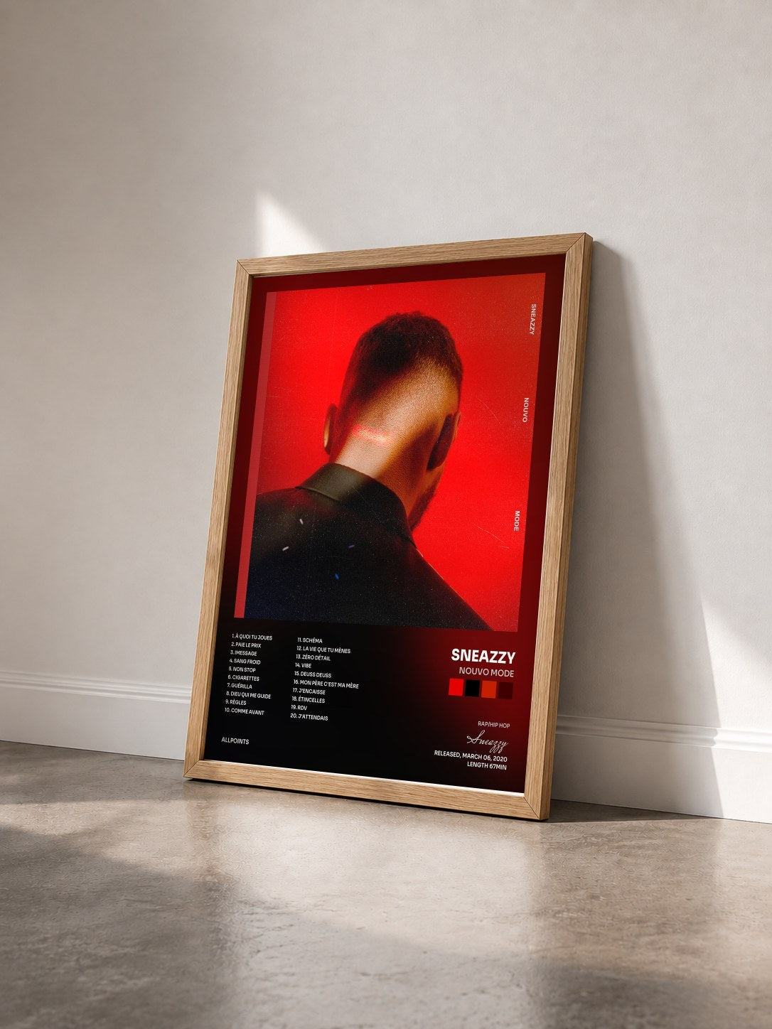 #bois Tableau de l'album NOUVO MODE de Sneazzy vu de trois quarts, cadre en bois brut