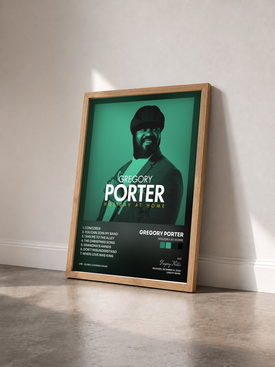 #bois Tableau de l'album Holiday At Home de Gregory Porter vu de trois quarts, cadre en bois brut