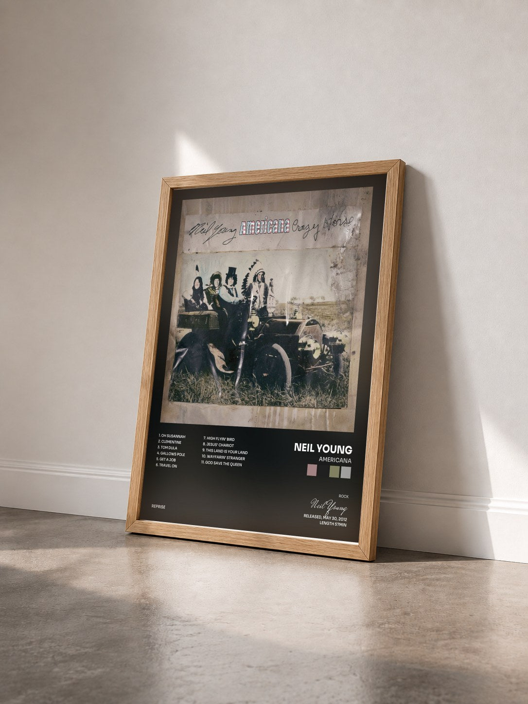 #bois Tableau de l'album Americana de Neil Young vu de trois quarts, cadre en bois brut
