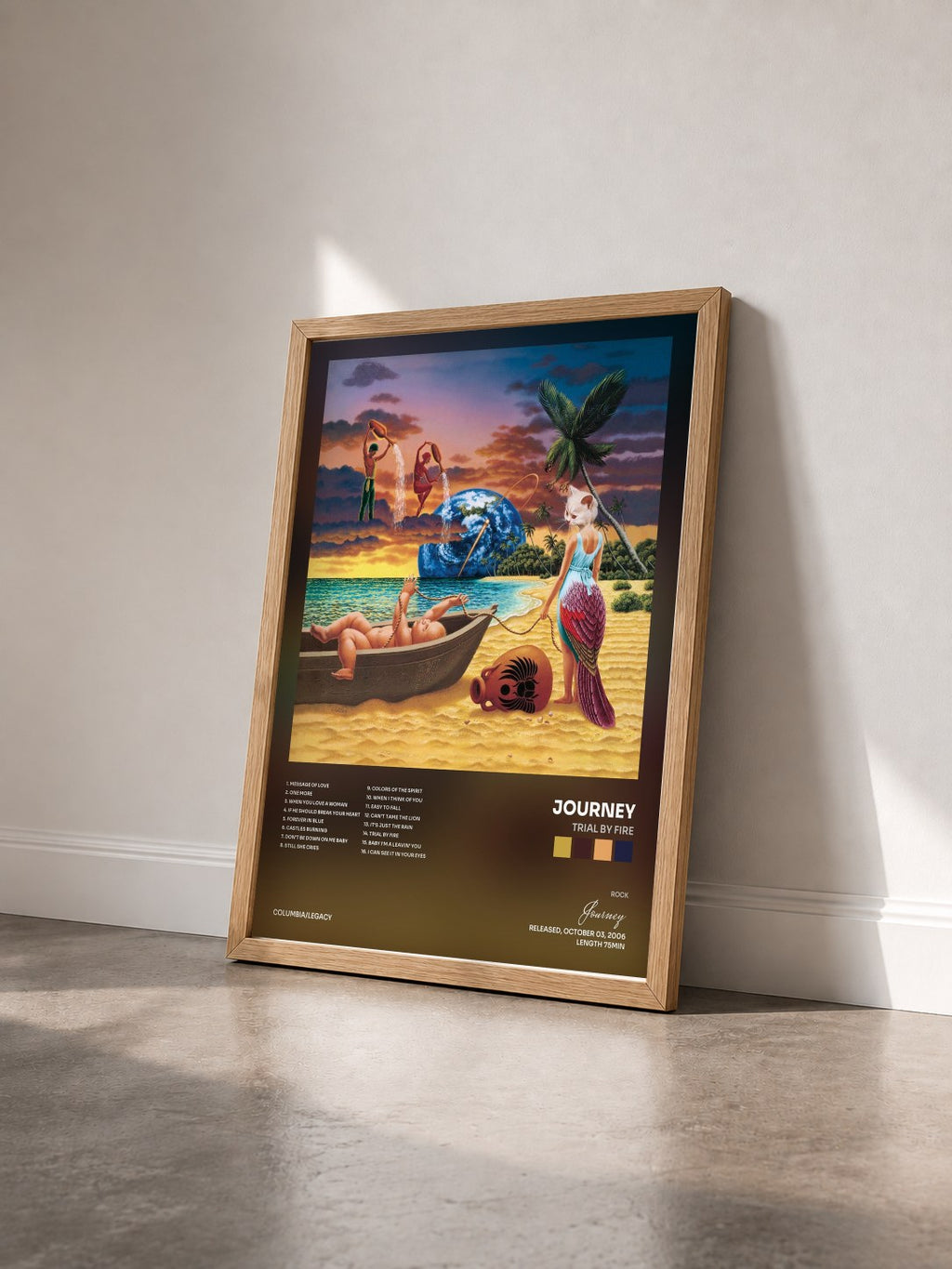 #bois Tableau de l'album Trial By Fire de Journey vu de trois quarts, cadre en bois brut
