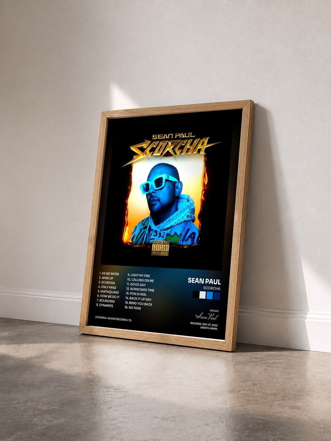 #bois Tableau de l'album Scorcha de Sean Paul vu de trois quarts, cadre en bois brut