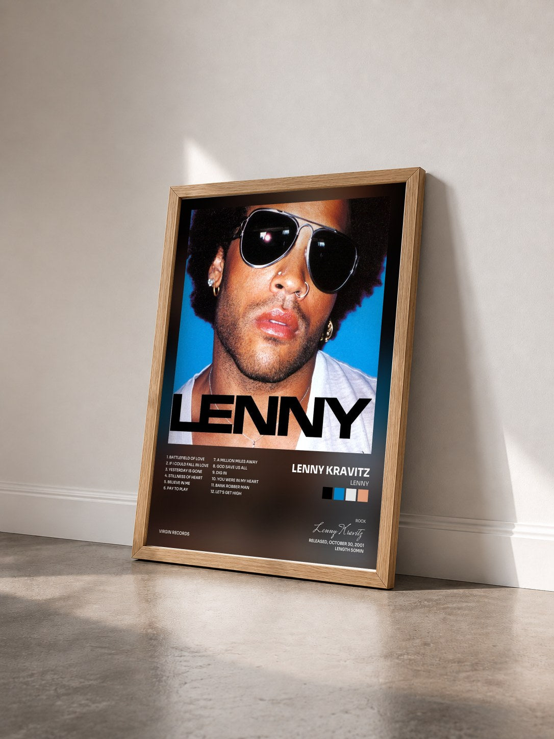 #bois Tableau de l'album Lenny de Lenny Kravitz vu de trois quarts, cadre en bois brut