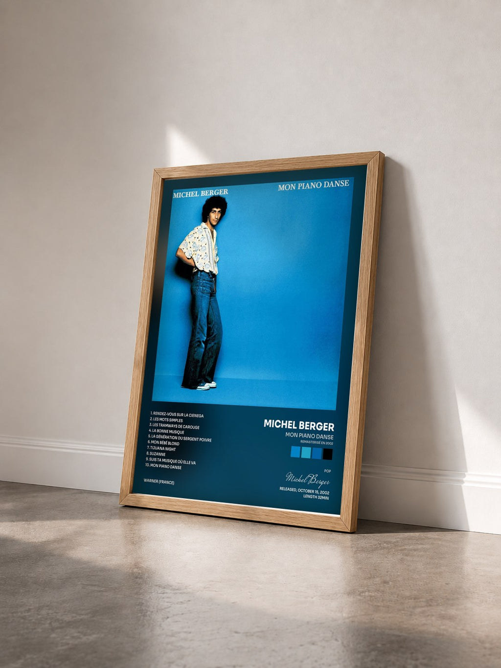 #bois Tableau de l'album Mon piano danse (Remasterisé en 2002) de Michel Berger vu de trois quarts, cadre en bois brut