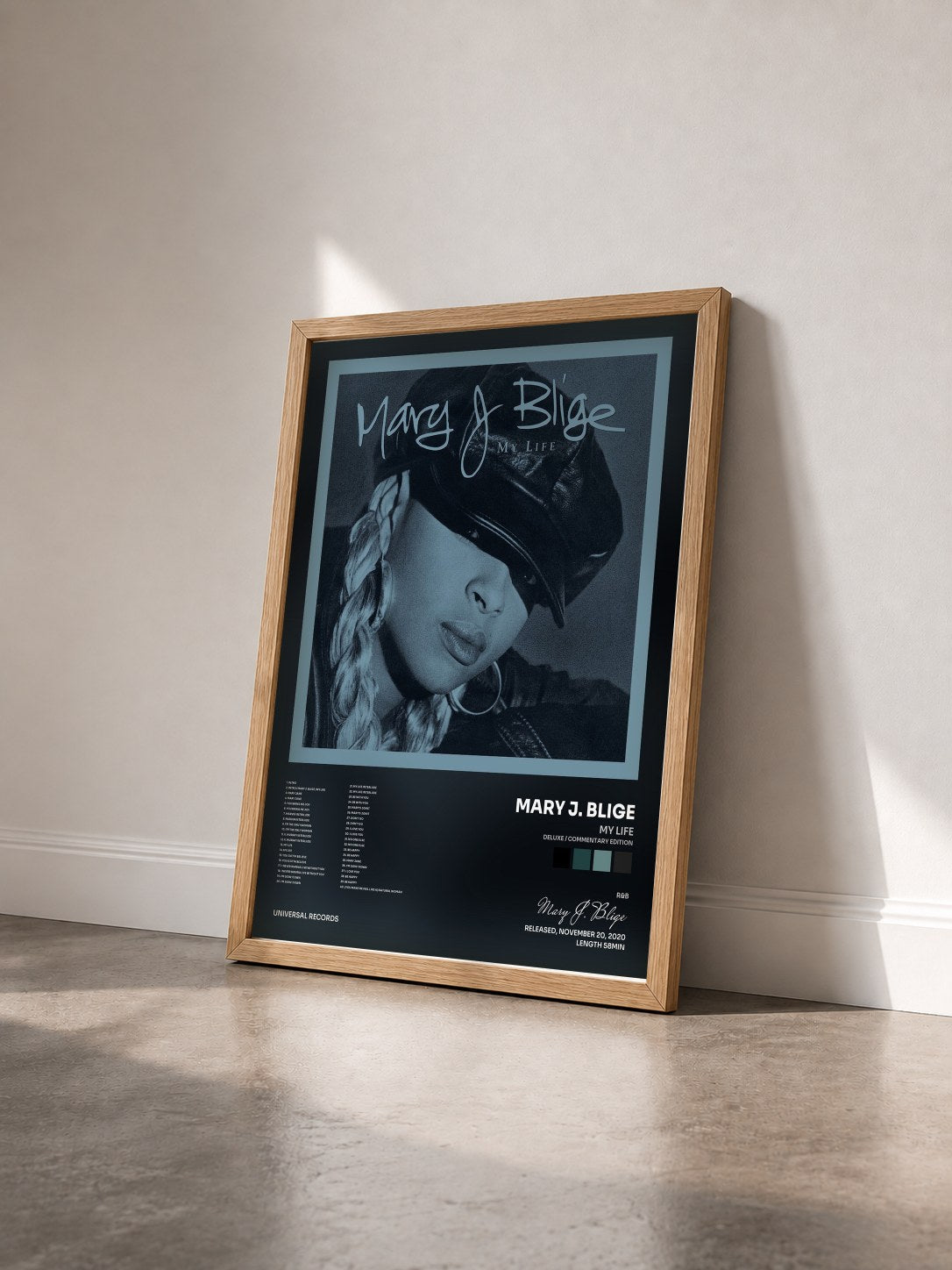 #bois Tableau de l'album My Life (Deluxe / Commentary Edition) de Mary J. Blige vu de trois quarts, cadre en bois brut