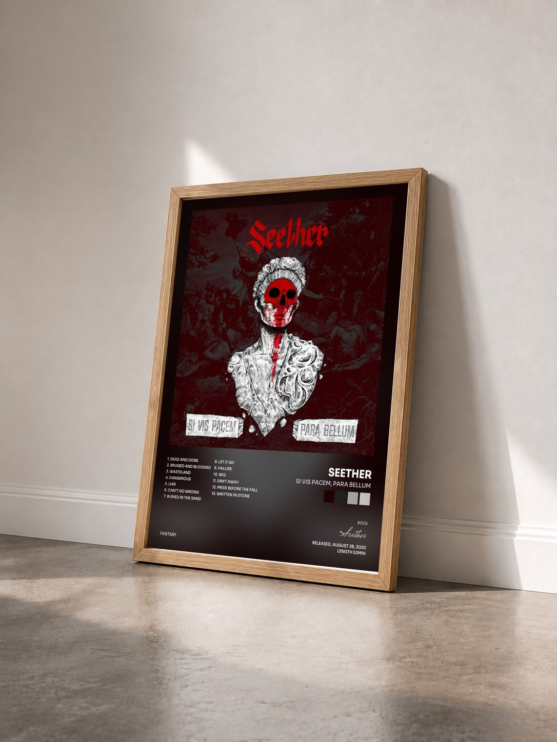 #bois Tableau de l'album Si Vis Pacem, Para Bellum de Seether vu de trois quarts, cadre en bois brut