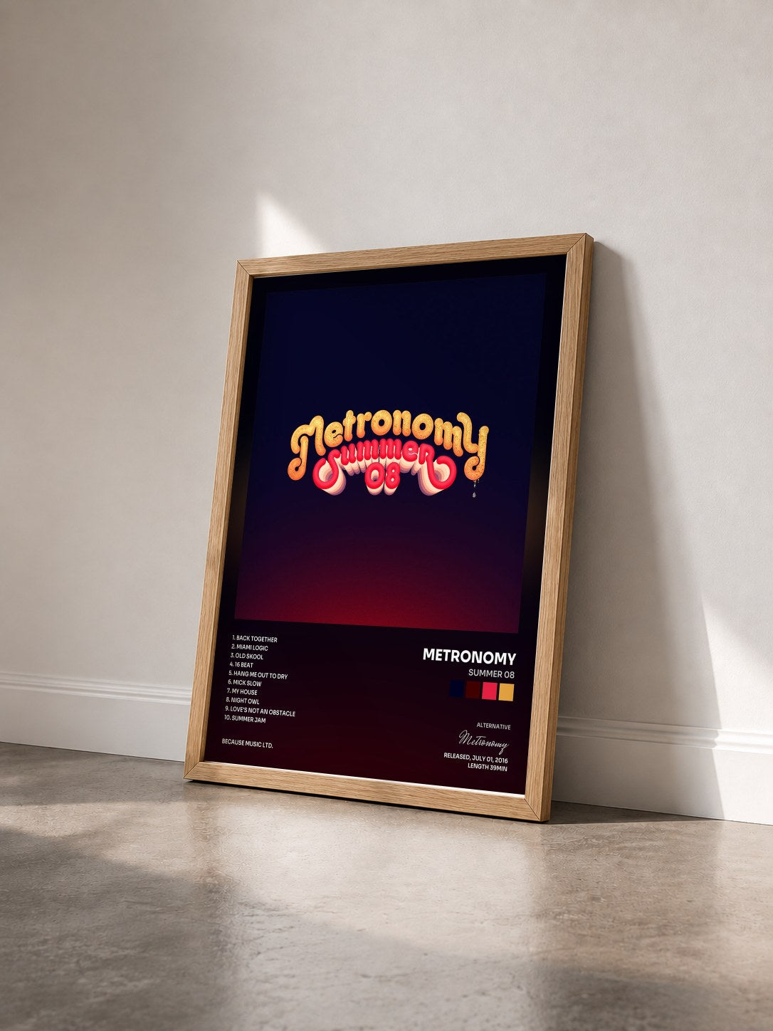 #bois Tableau de l'album Summer 08 de Metronomy vu de trois quarts, cadre en bois brut