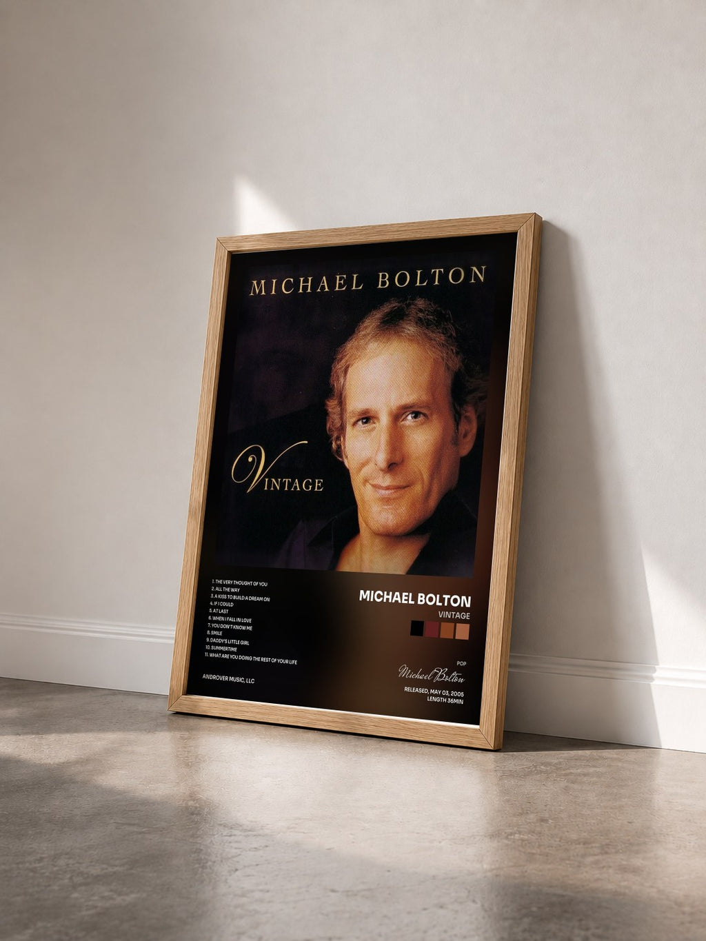 #bois Tableau de l'album Vintage de Michael Bolton vu de trois quarts, cadre en bois brut
