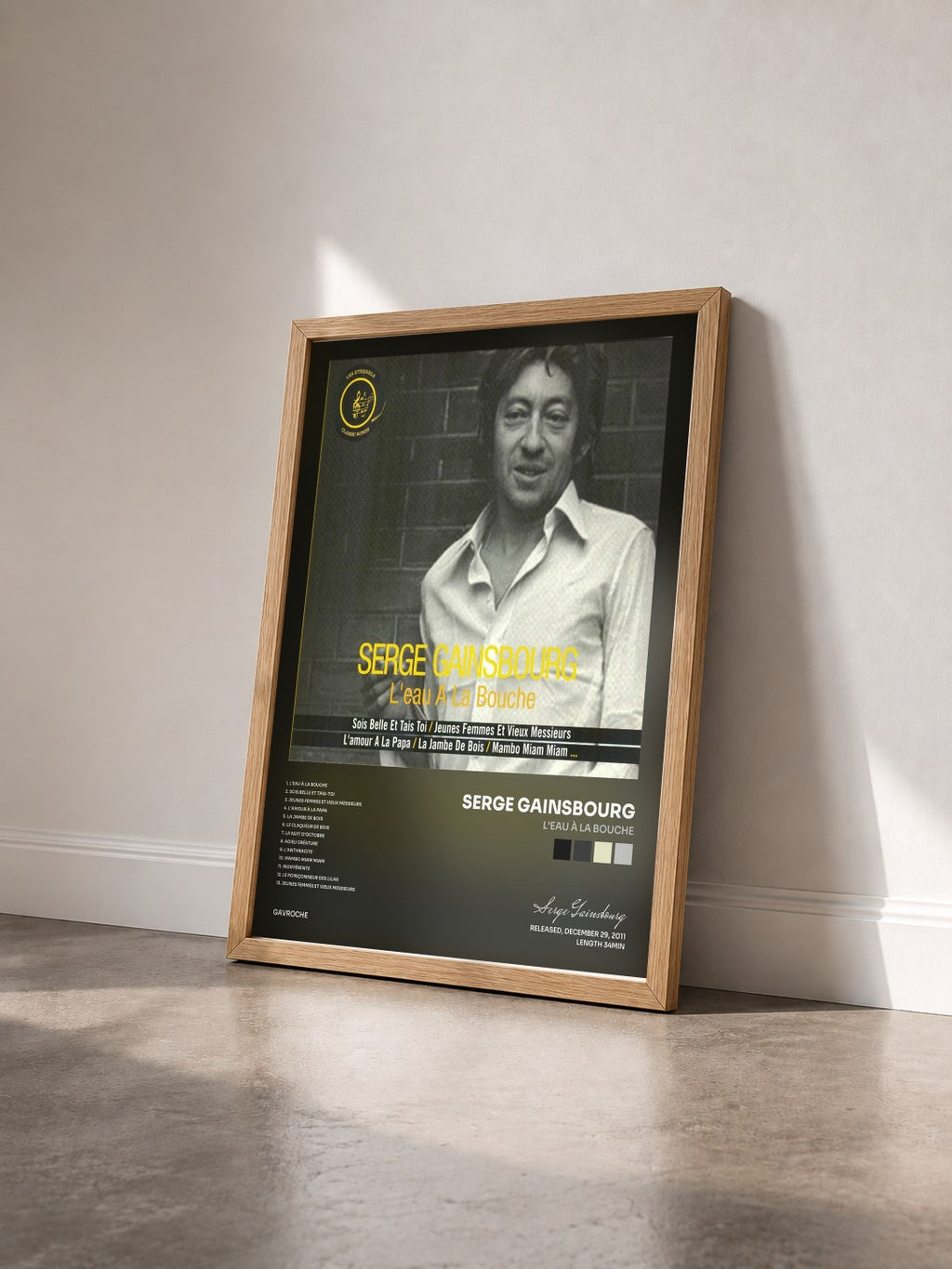 #bois Tableau de l'album L'eau à la bouche de Serge Gainsbourg vu de trois quarts, cadre en bois brut
