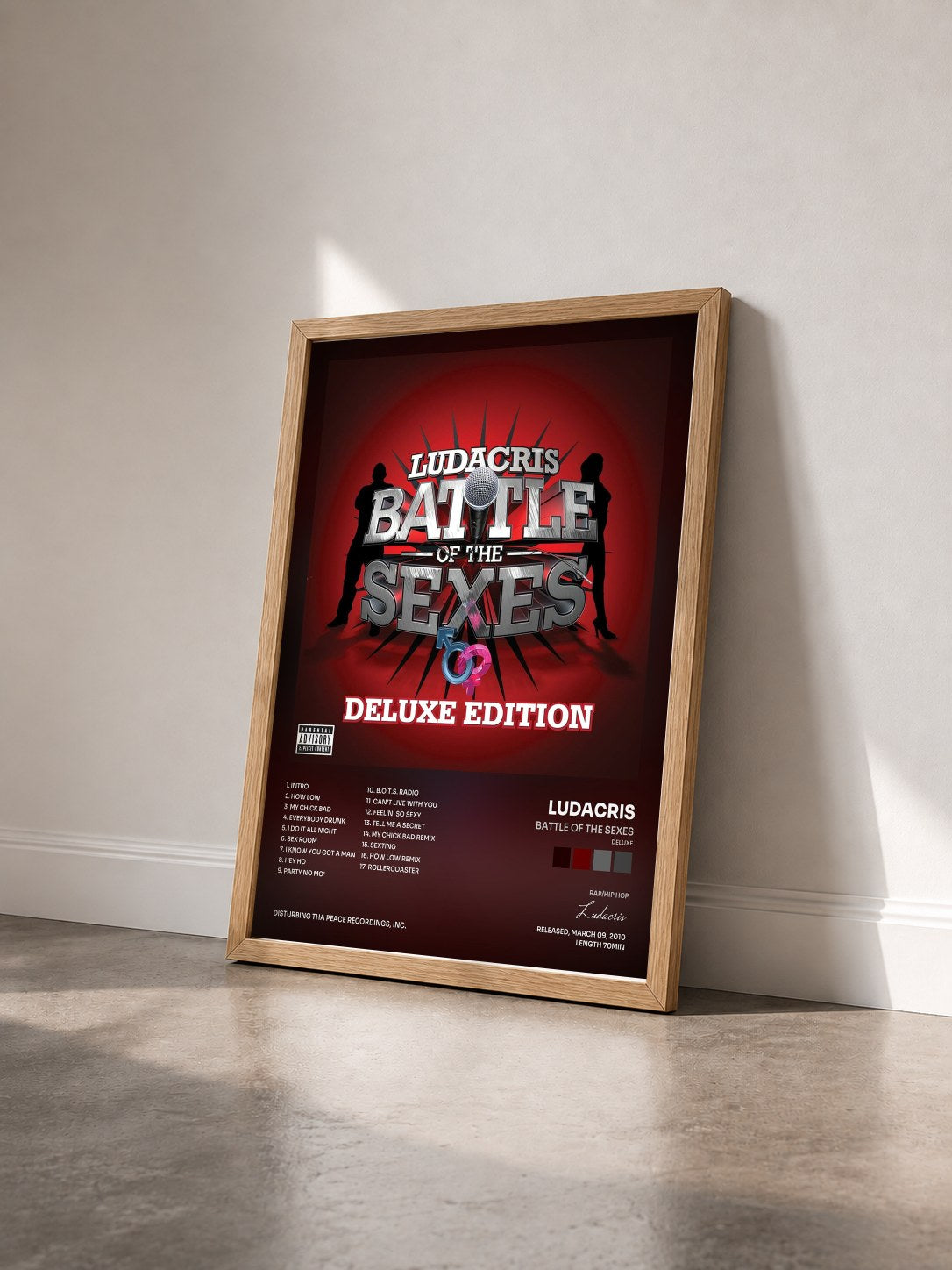 #bois Tableau de l'album Battle Of The Sexes (Deluxe) de Ludacris vu de trois quarts, cadre en bois brut