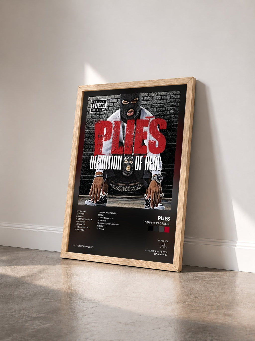 #bois Tableau de l'album Definition of Real de Plies vu de trois quarts, cadre en bois brut