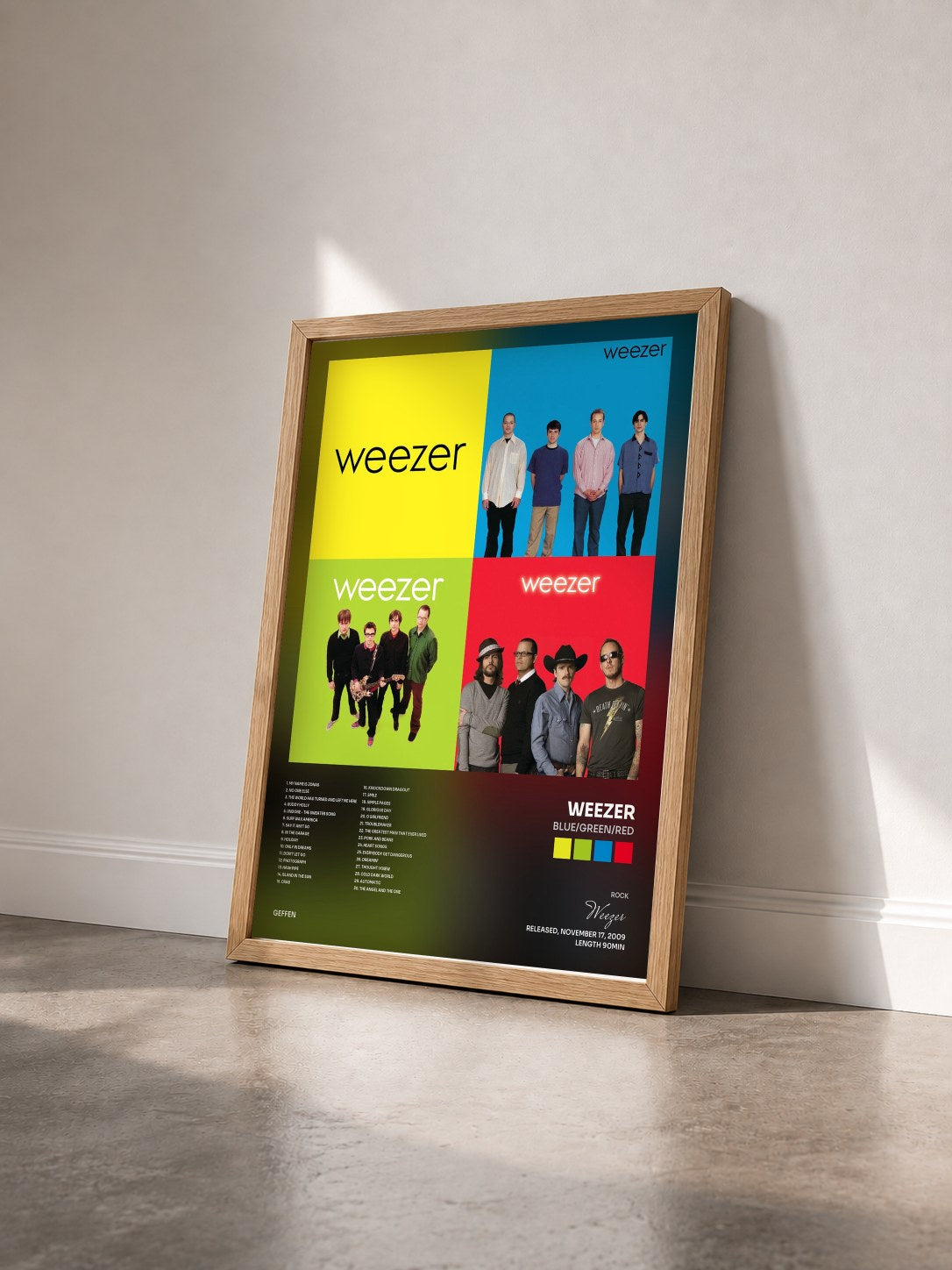 #bois Tableau de l'album Blue/Green/Red de Weezer vu de trois quarts, cadre en bois brut