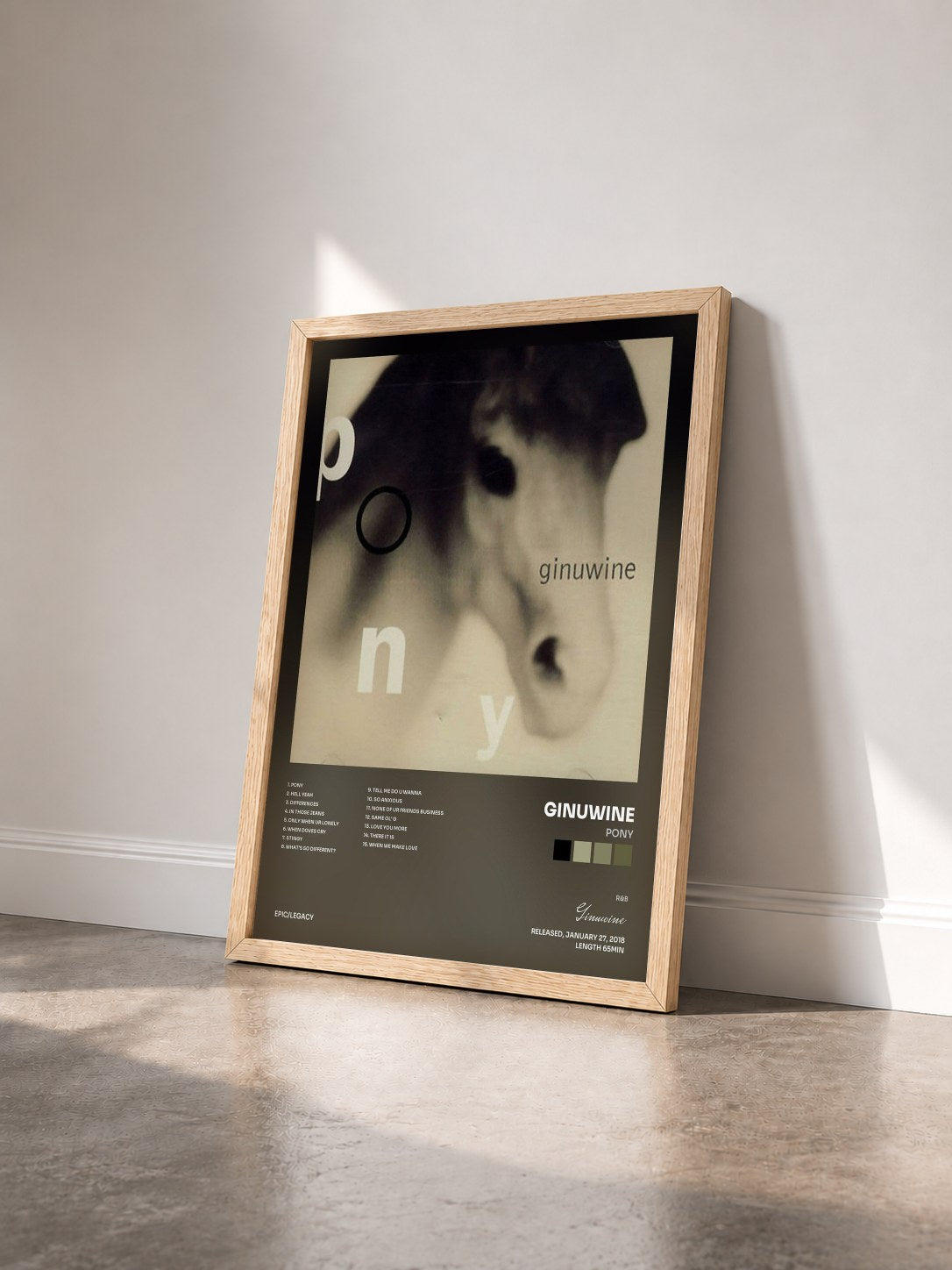 #bois Tableau de l'album Pony de Ginuwine vu de trois quarts, cadre en bois brut