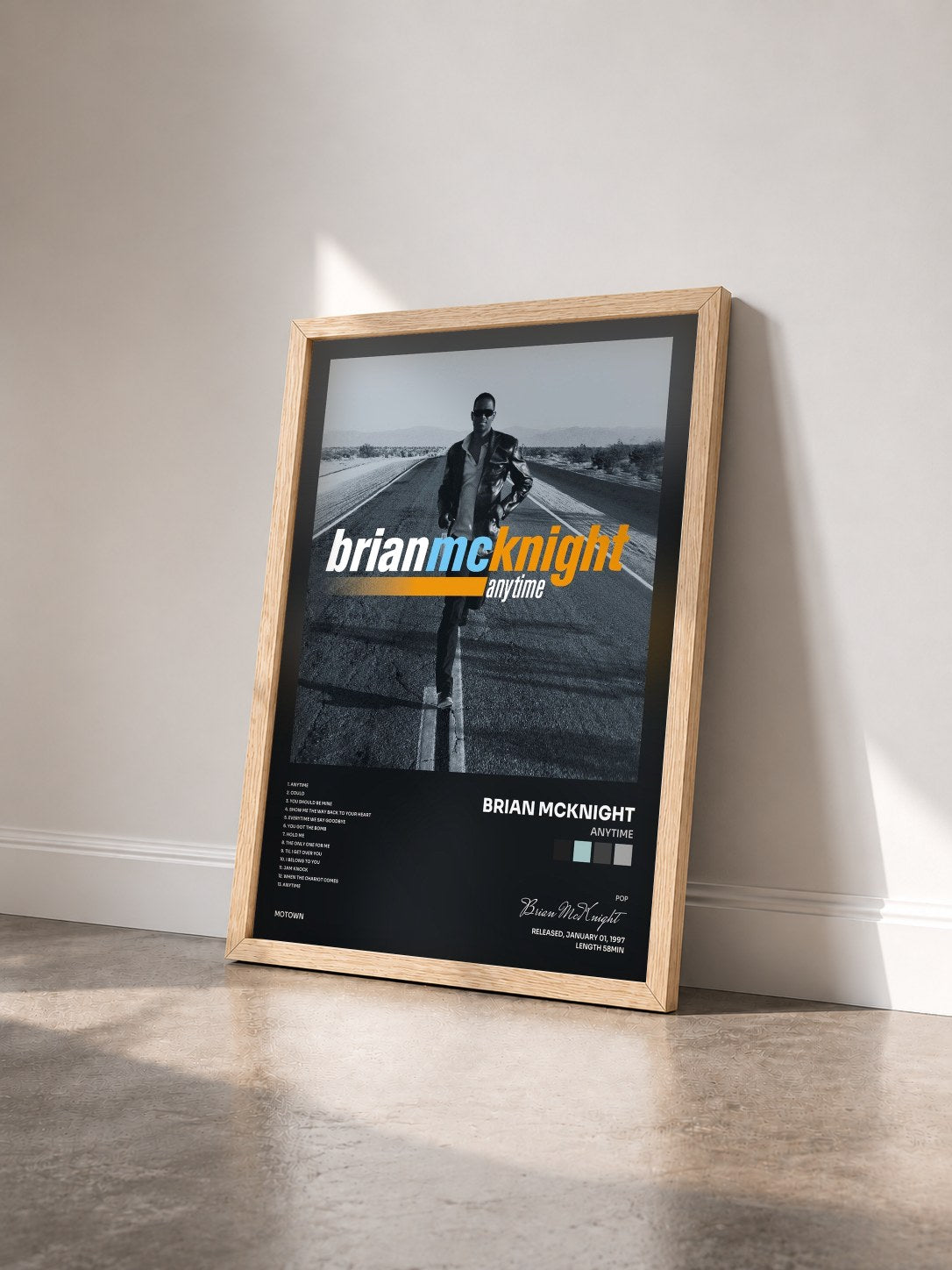 #bois Tableau de l'album Anytime de Brian McKnight vu de trois quarts, cadre en bois brut