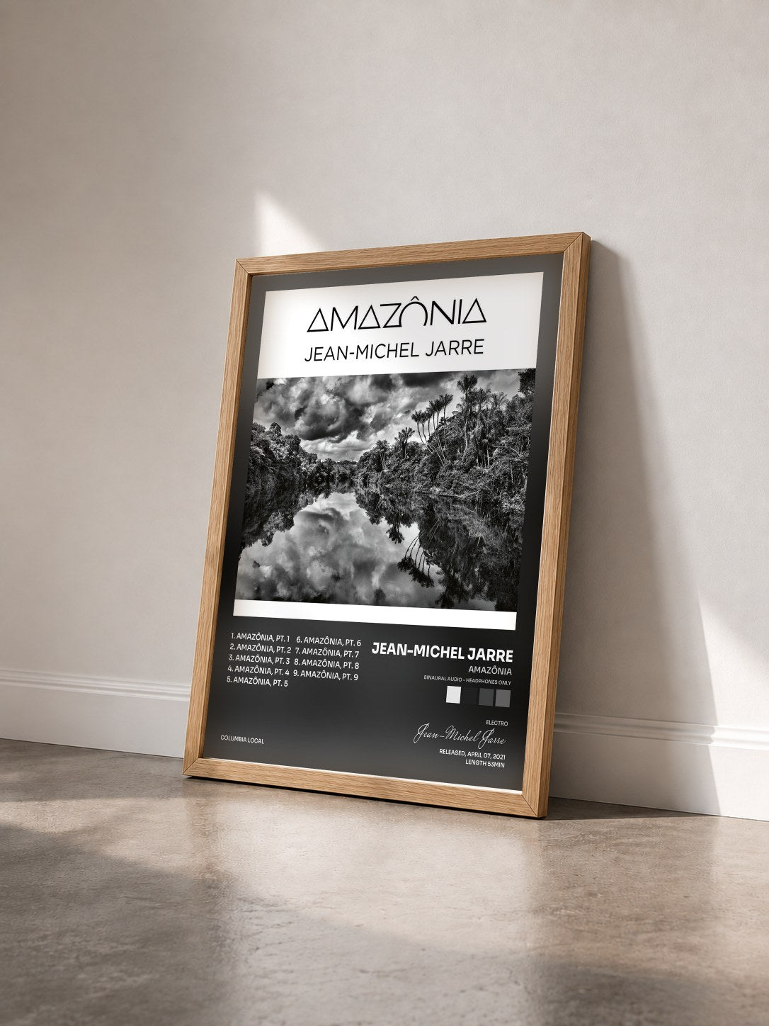 #bois Tableau de l'album Amazônia (Binaural Audio - Headphones Only) de Jean-Michel Jarre vu de trois quarts, cadre en bois brut
