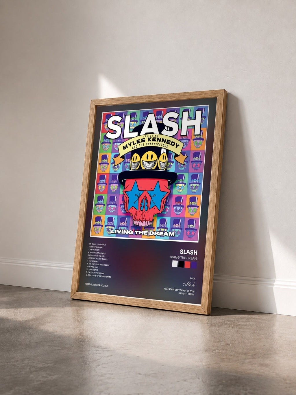 #bois Tableau de l'album Living the Dream de Slash vu de trois quarts, cadre en bois brut