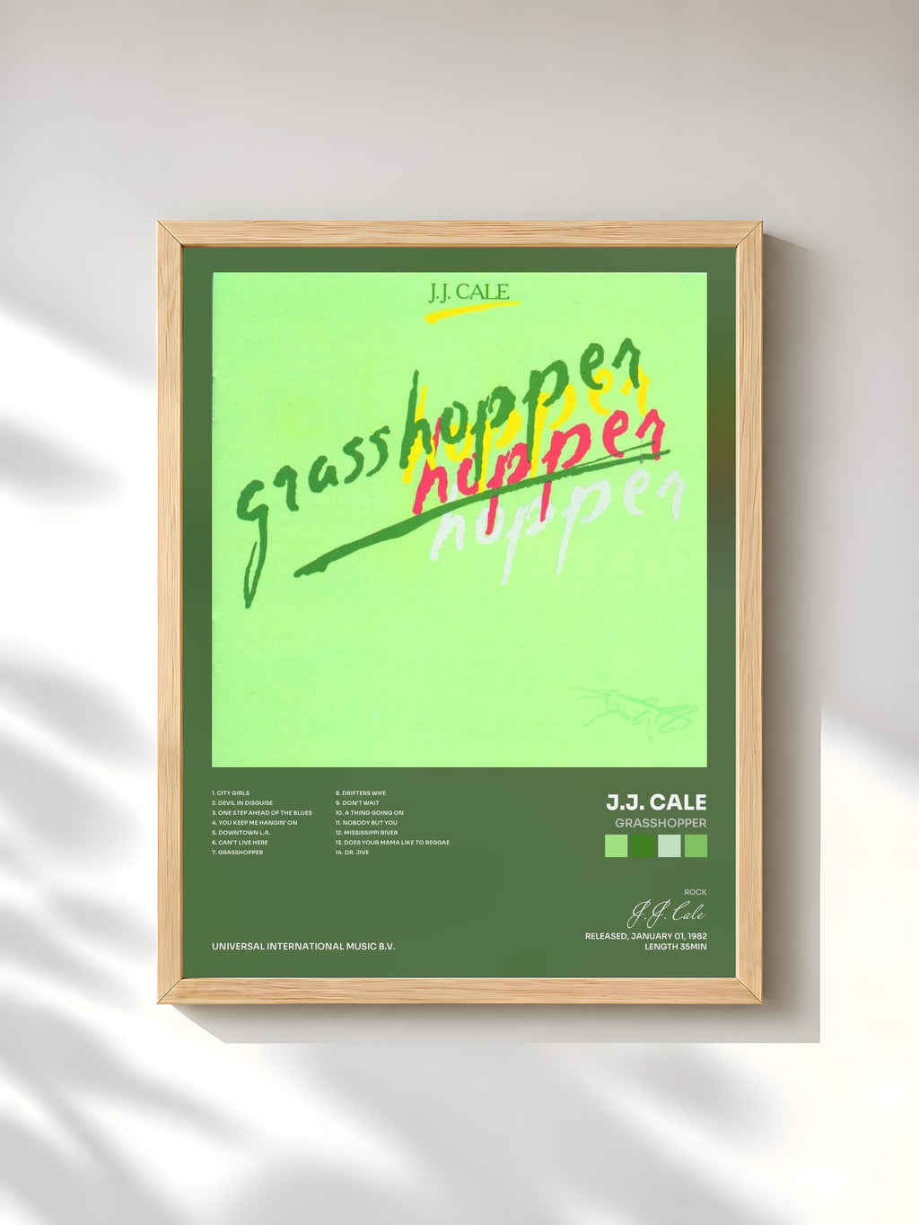 #bois Tableau de l'album Grasshopper de J.J. Cale, cadre en bois brut, imprimé et encadré en France
