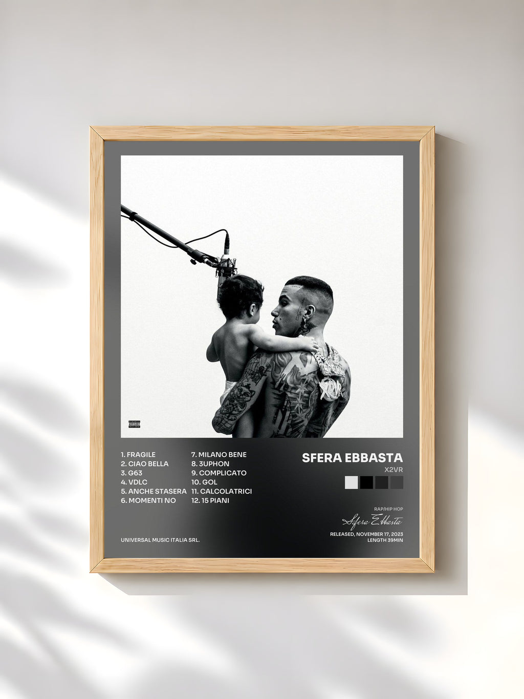 #bois Tableau de l'album X2VR de Sfera Ebbasta, cadre en bois brut, imprimé et encadré en France