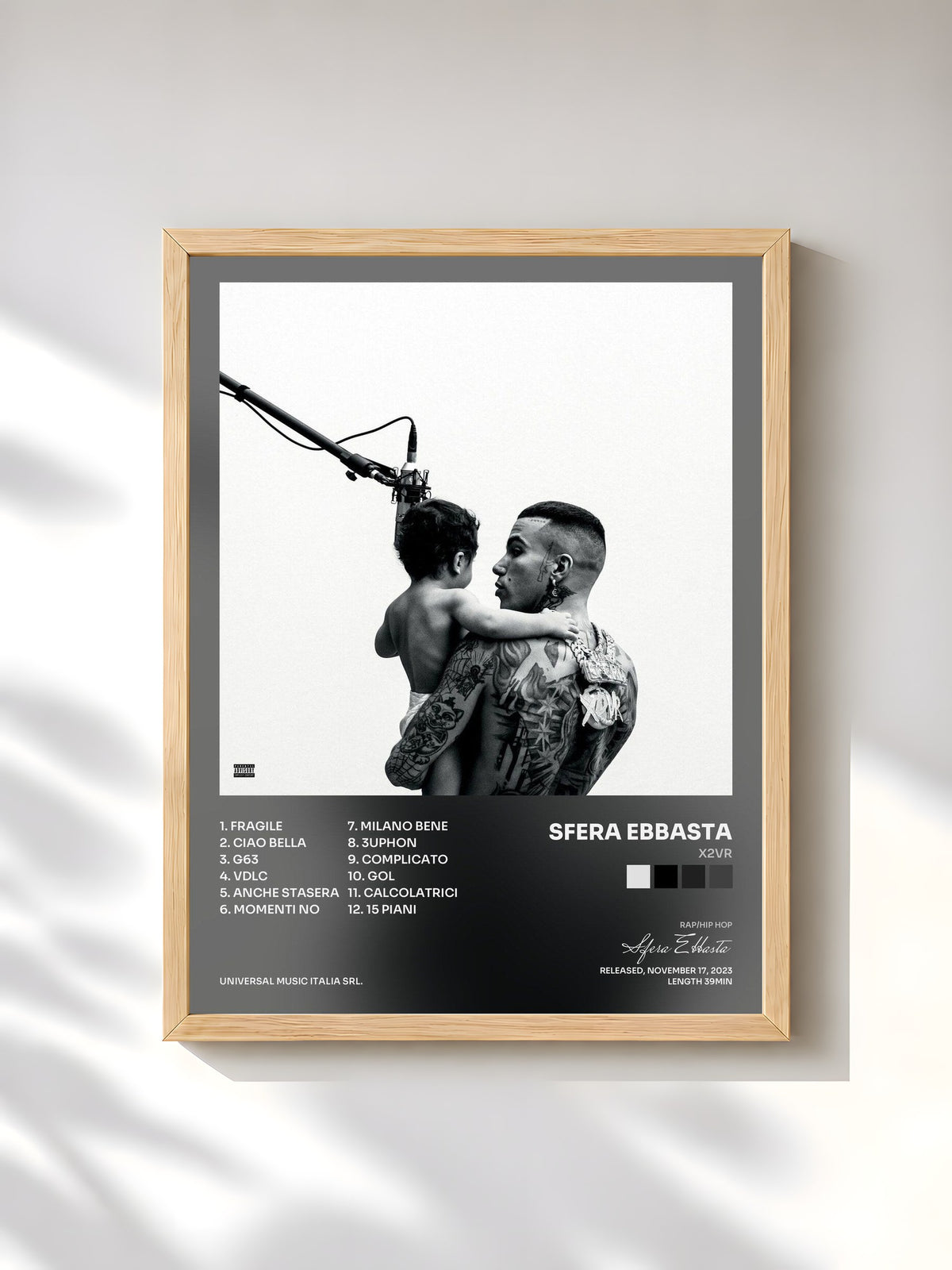 #bois Tableau de l'album X2VR de Sfera Ebbasta, cadre en bois brut, imprimé et encadré en France