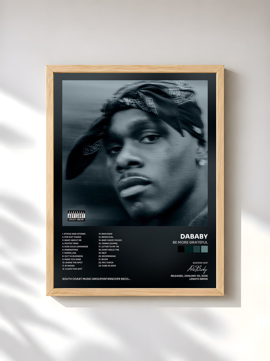 #bois Tableau de l'album BE MORE GRATEFUL de DaBaby, cadre en bois brut, imprimé et encadré en France