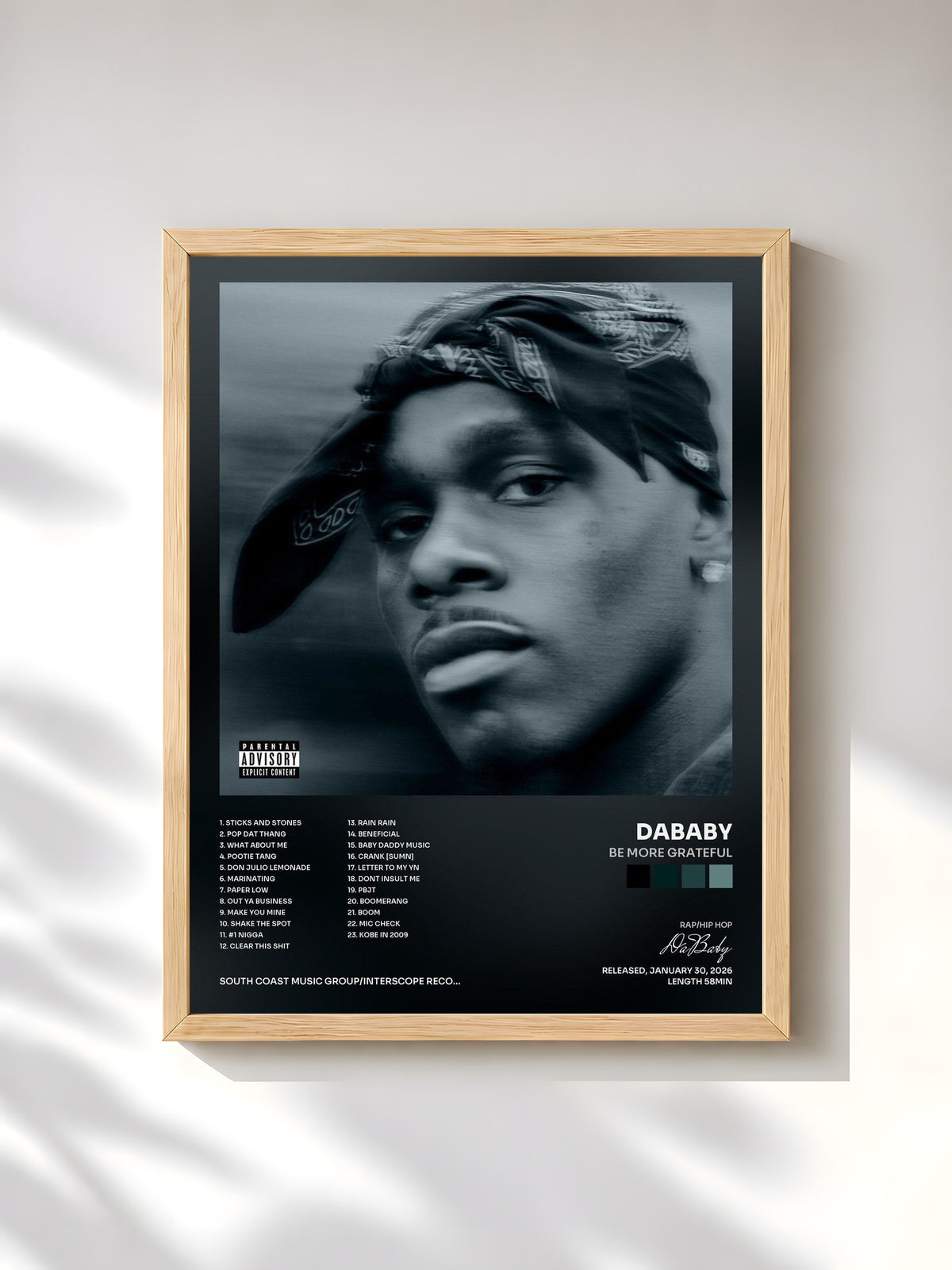 #bois Tableau de l'album BE MORE GRATEFUL de DaBaby, cadre en bois brut, imprimé et encadré en France