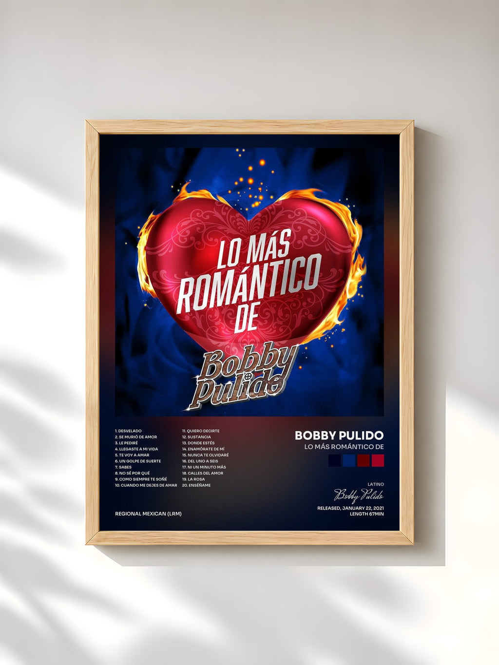 #bois Tableau de l'album Lo Más Romántico De de Bobby Pulido, cadre en bois brut, imprimé et encadré en France
