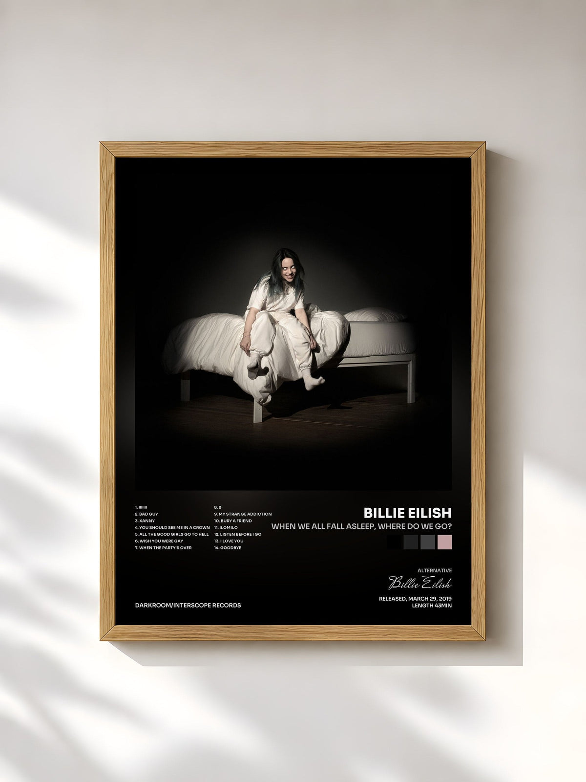 #bois Tableau de l'album WHEN WE ALL FALL ASLEEP, WHERE DO WE GO? de Billie Eilish, cadre en bois brut, imprimé et encadré en France