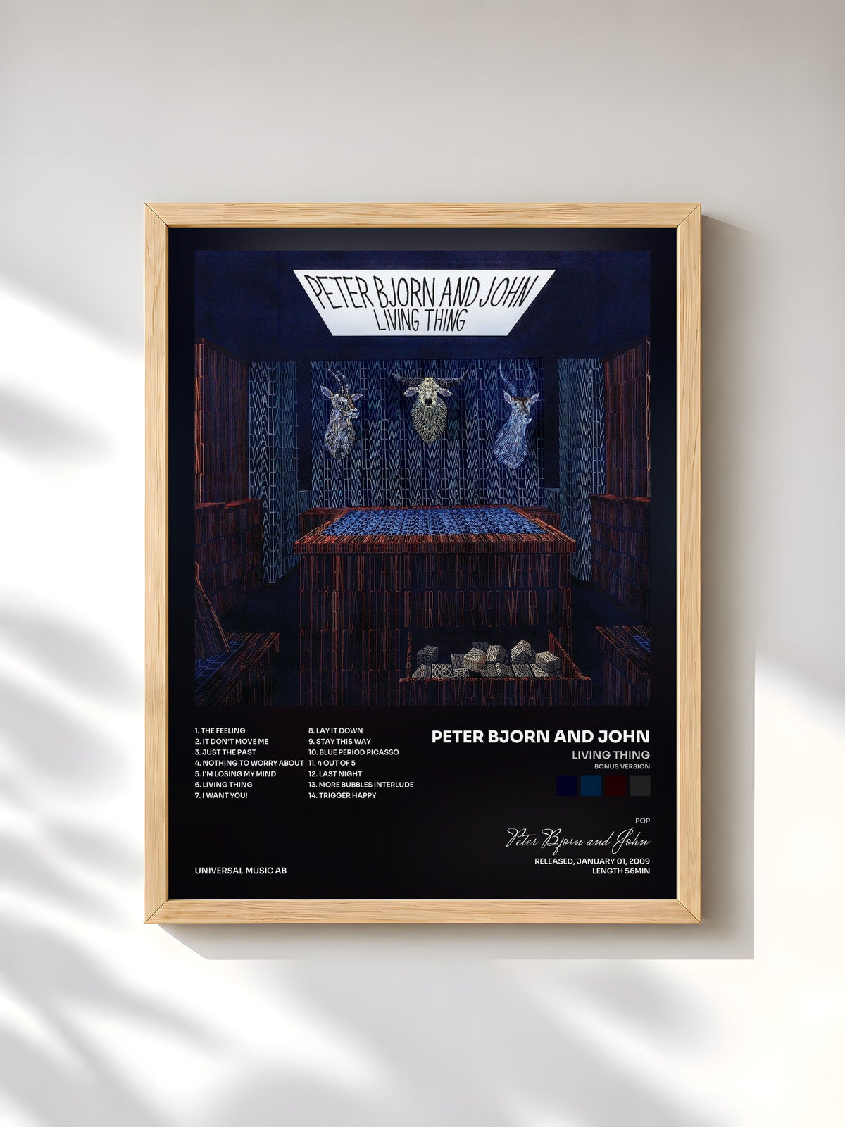 #bois Tableau de l'album Living Thing (Bonus Version) de Peter Bjorn and John, cadre en bois brut, imprimé et encadré en France