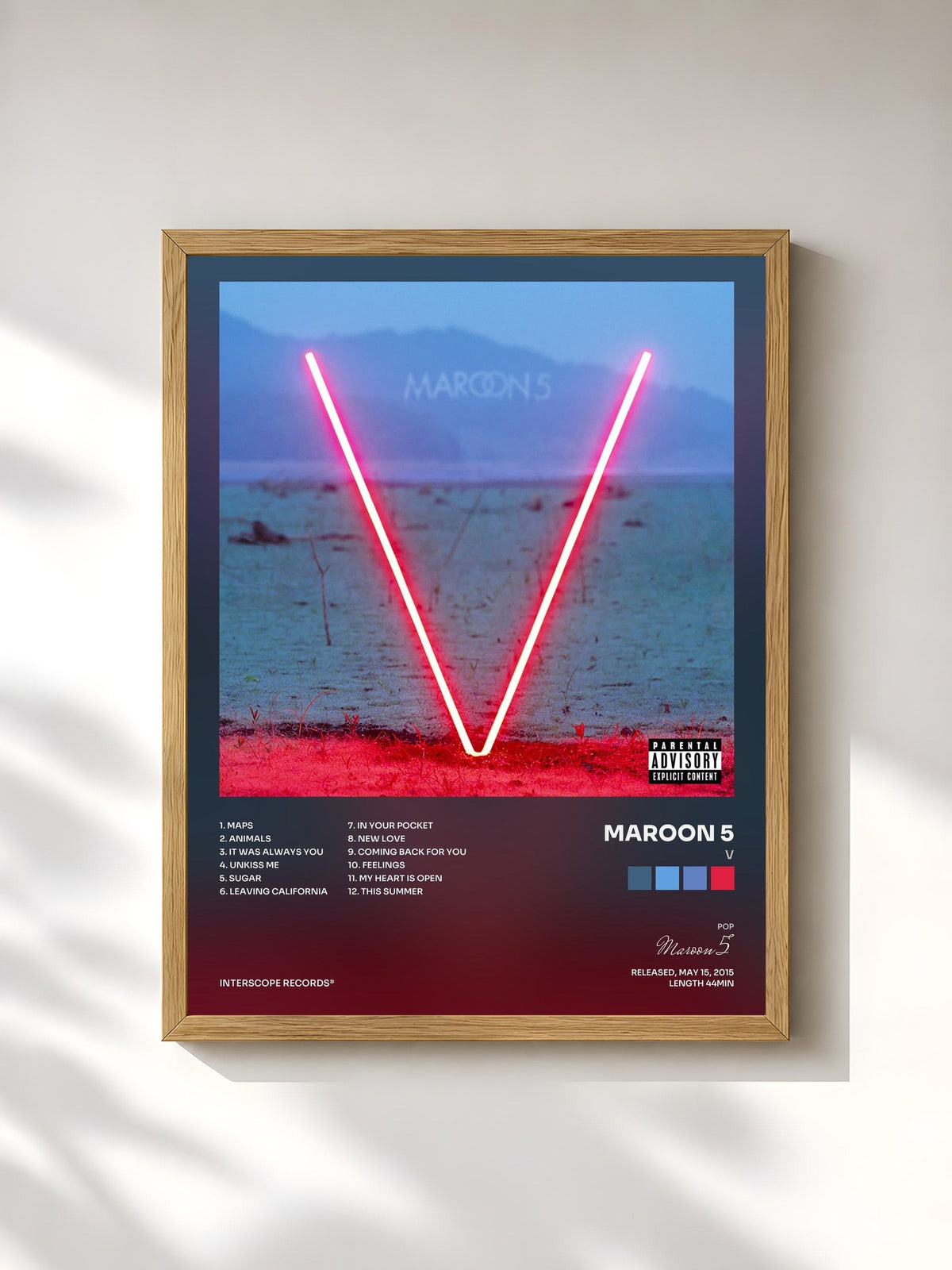 #bois Tableau de l'album V de Maroon 5, cadre en bois brut, imprimé et encadré en France