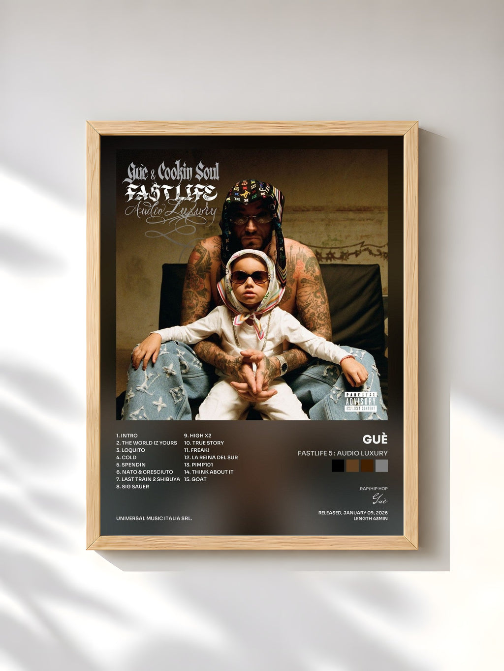 #bois Tableau de l'album FASTLIFE 5 : Audio Luxury de Guè, cadre en bois brut, imprimé et encadré en France