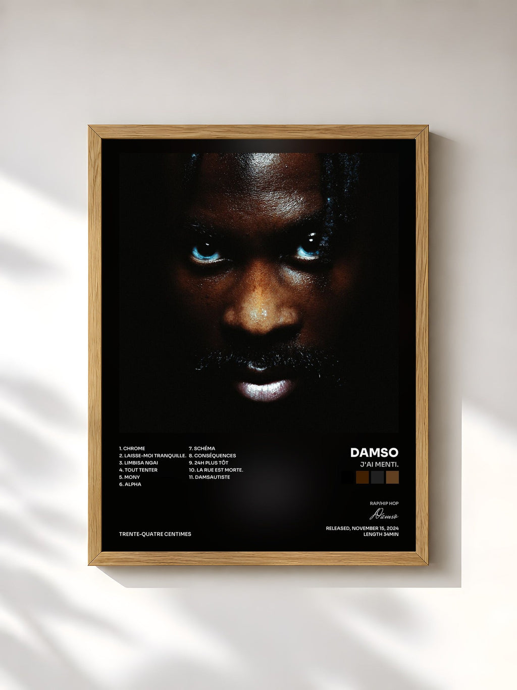 #bois Tableau de l'album J'AI MENTI. de Damso, cadre en bois brut, imprimé et encadré en France