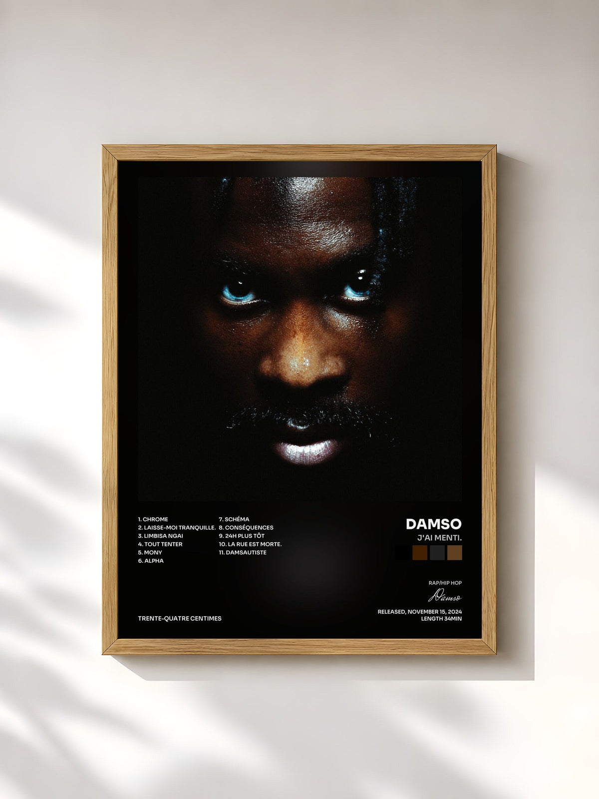 #bois Tableau de l'album J'AI MENTI. de Damso, cadre en bois brut, imprimé et encadré en France